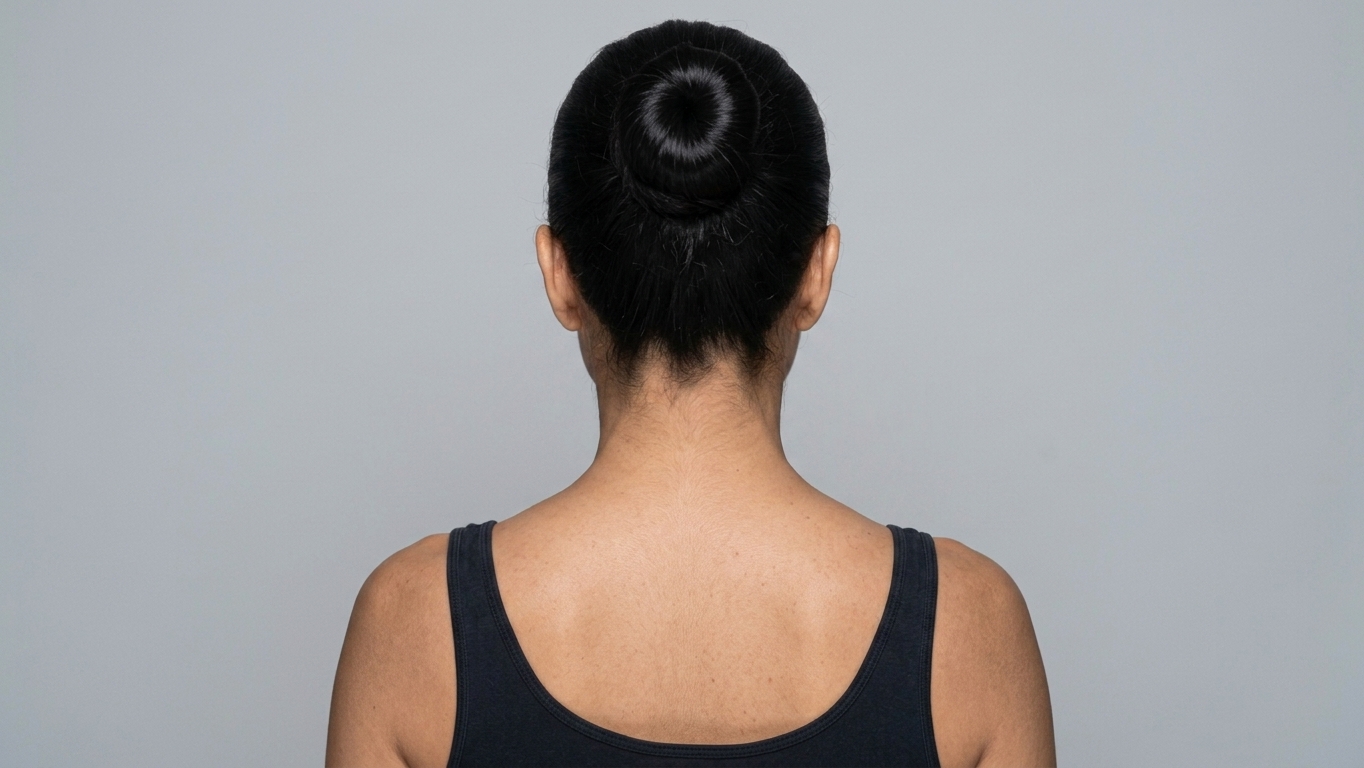 Back-of-neck and shoulders reference photo with clickable dots for the migraine treatment pattern